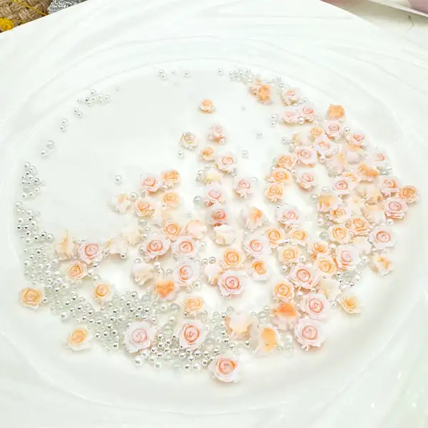 ลูกปัดเรซิ่นรูปดอกกุหลาบ สไตล์จีนพร้อมไข่มุก สําหรับตกแต่งเล็บ DIY (50 ชิ้น)